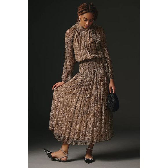 Anthropologie Let Me Be Smocked Mock-Neck Dress Size L - Picture 1 of 10